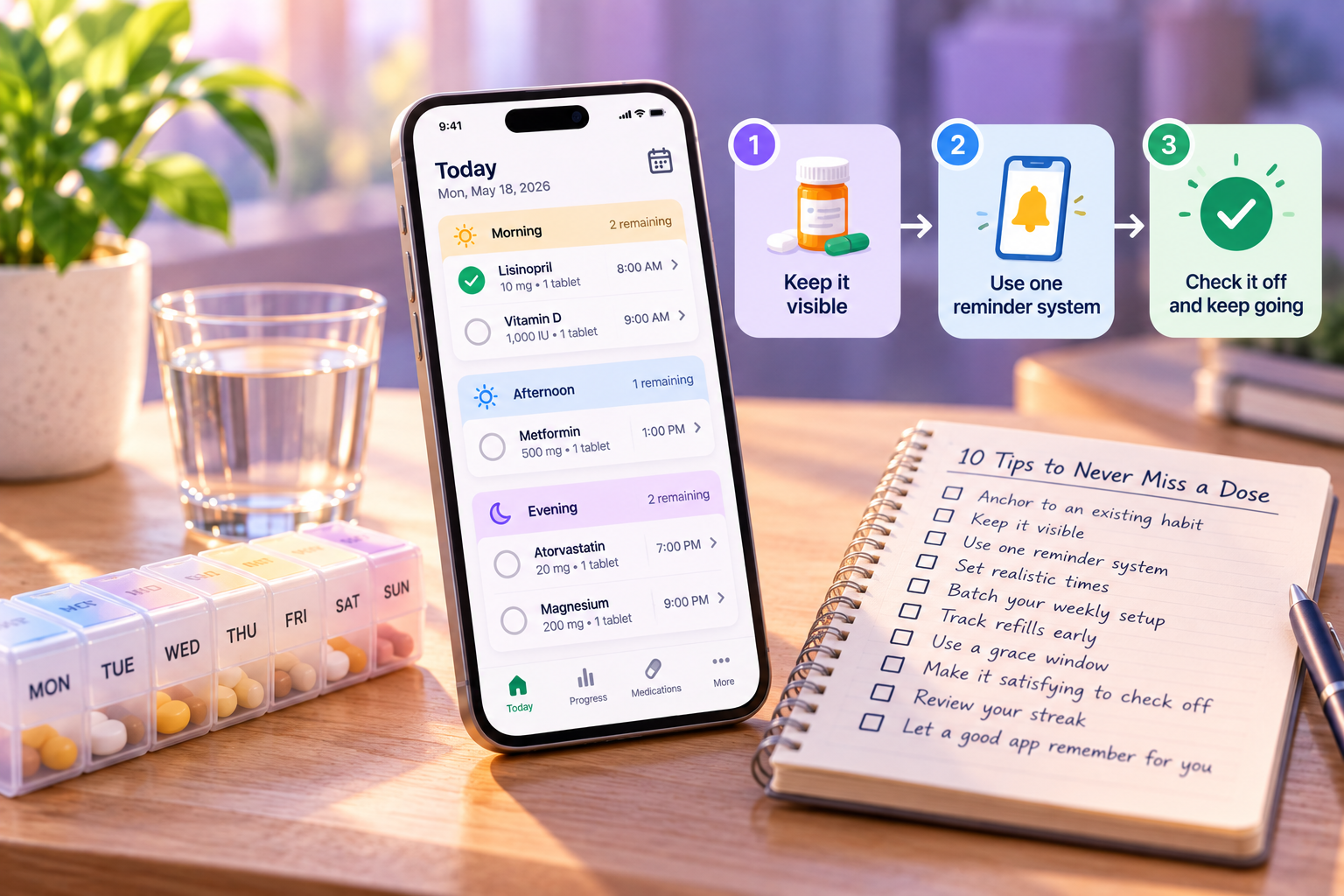 A phone displaying a medication schedule next to a handwritten checklist of tips and a weekly pill organizer