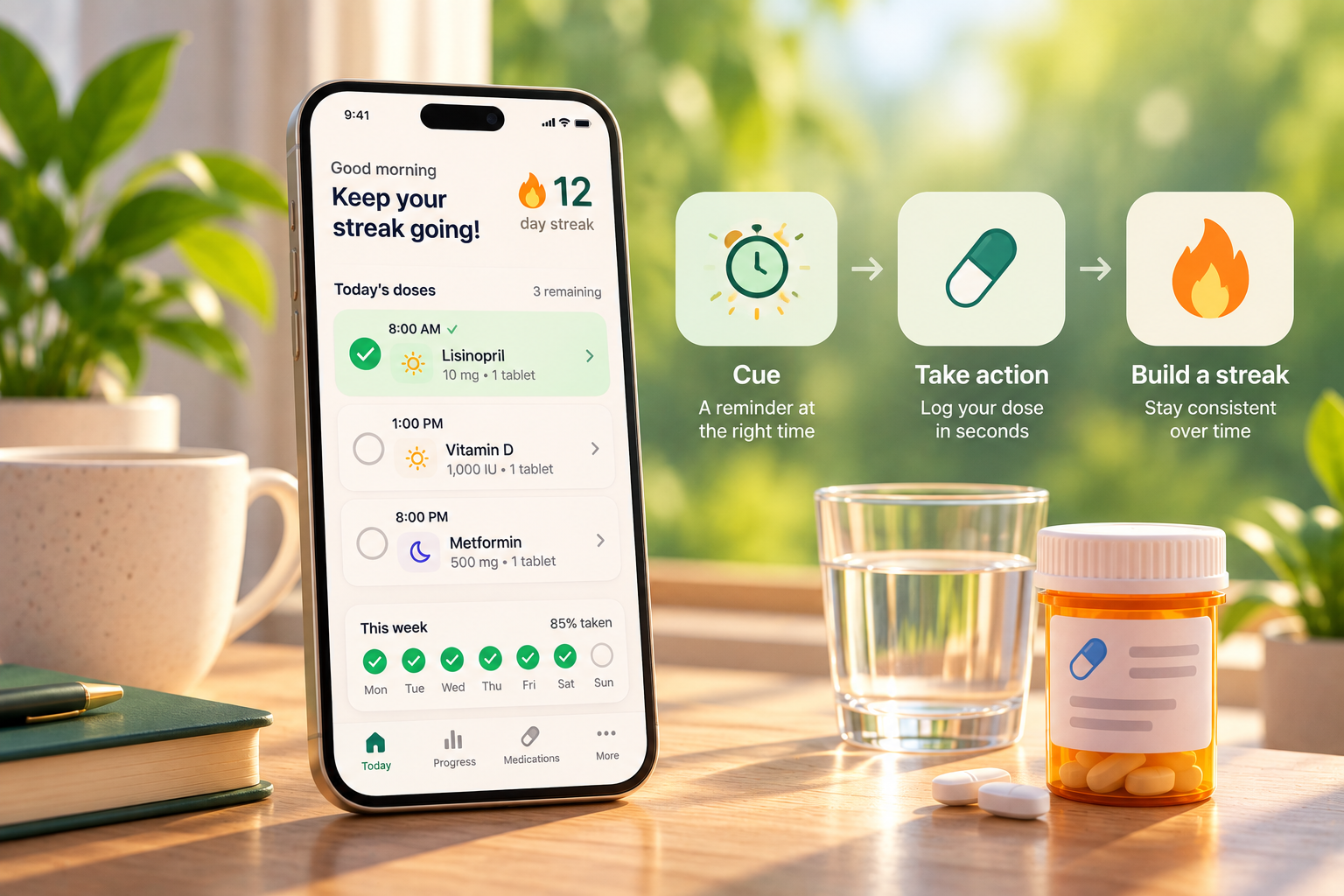 A phone showing a 12-day medication streak next to icons for a cue, an action, and a growing streak