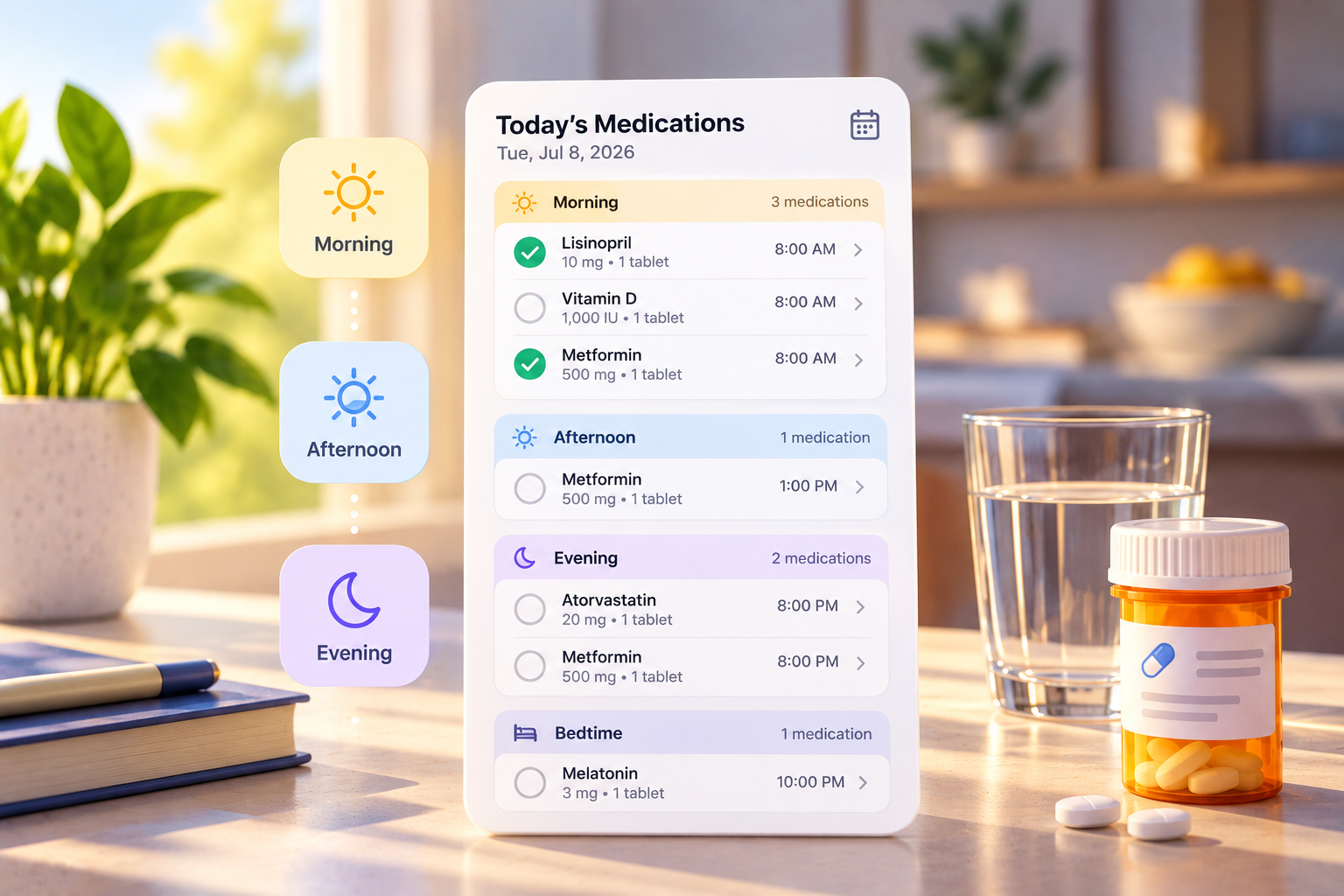 A phone showing today's medications grouped by morning, afternoon, and evening, next to labeled time-of-day cards