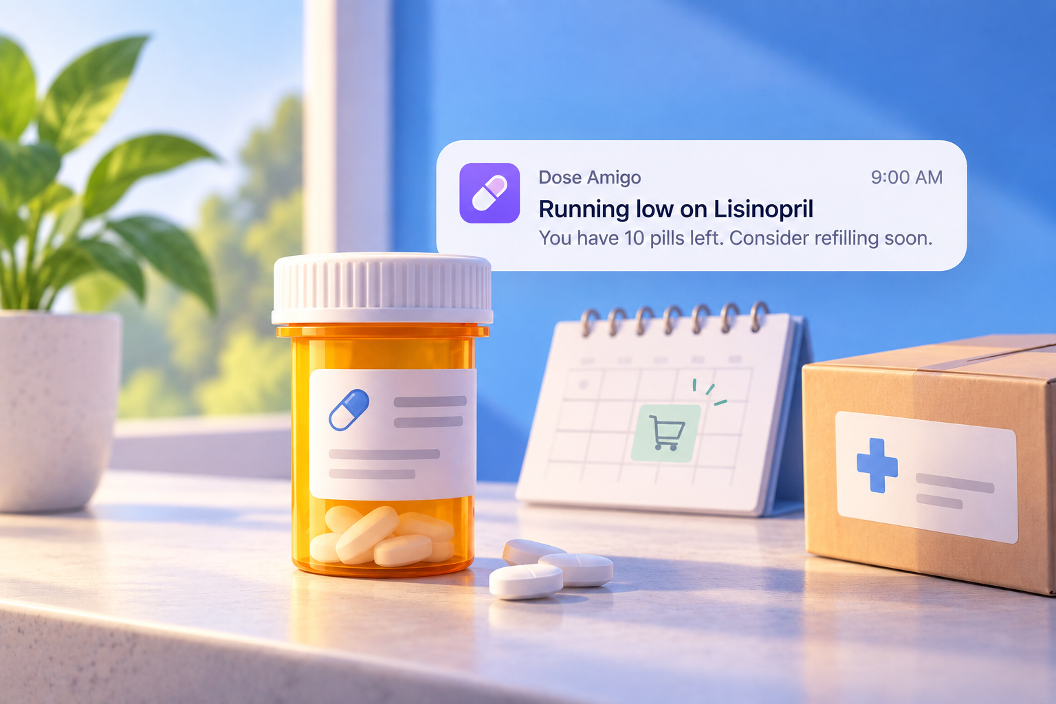 A low-stock refill notification next to a pill bottle, a calendar, and a small delivery package