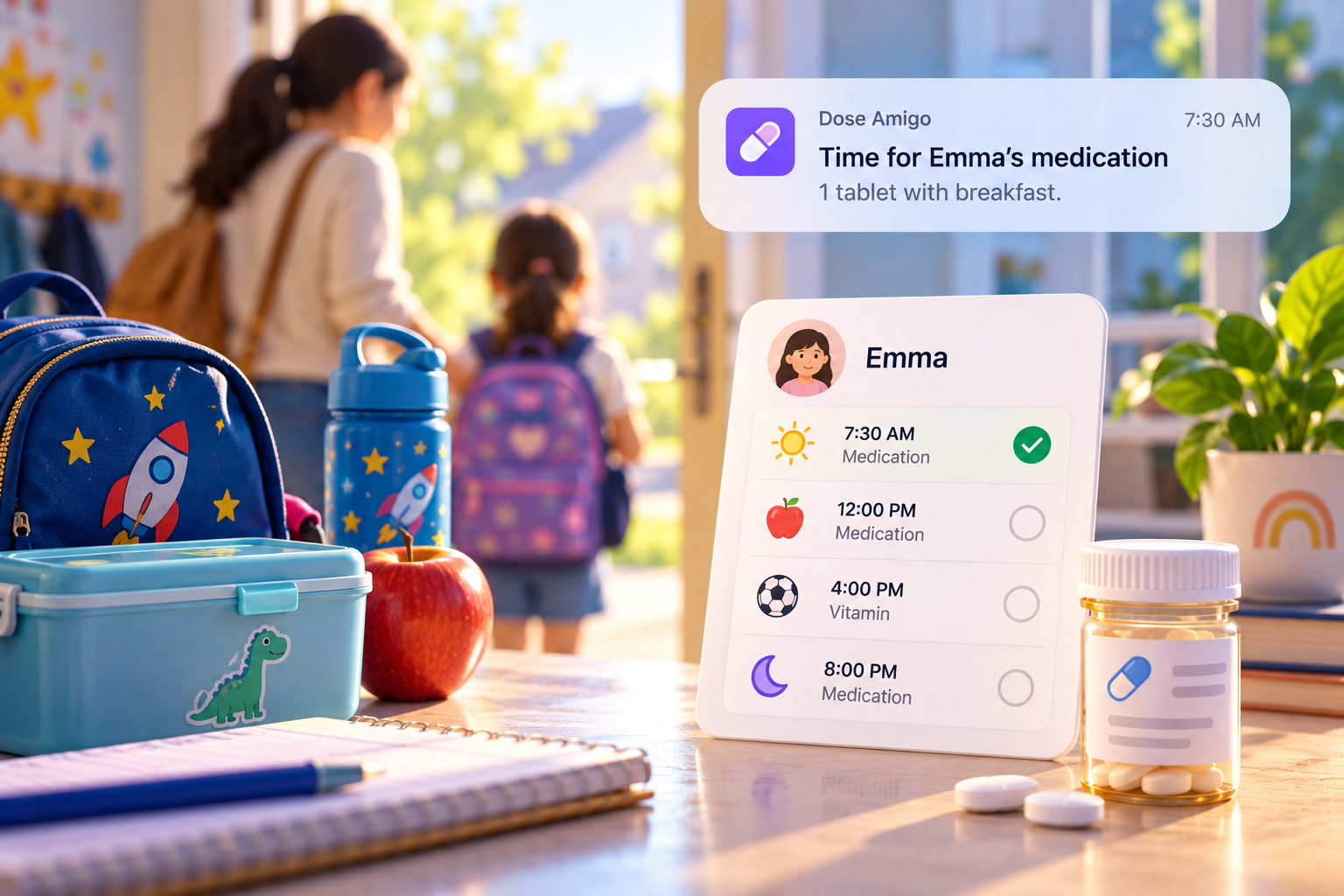 A medication reminder notification and a child's daily schedule card, next to school backpacks and a lunchbox on a kitchen counter