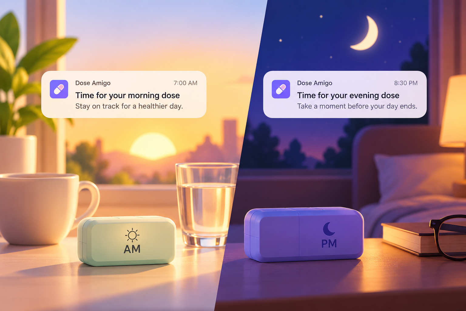 A split scene showing a morning dose notification at sunrise and an evening dose notification at night, each beside its own labeled pillbox