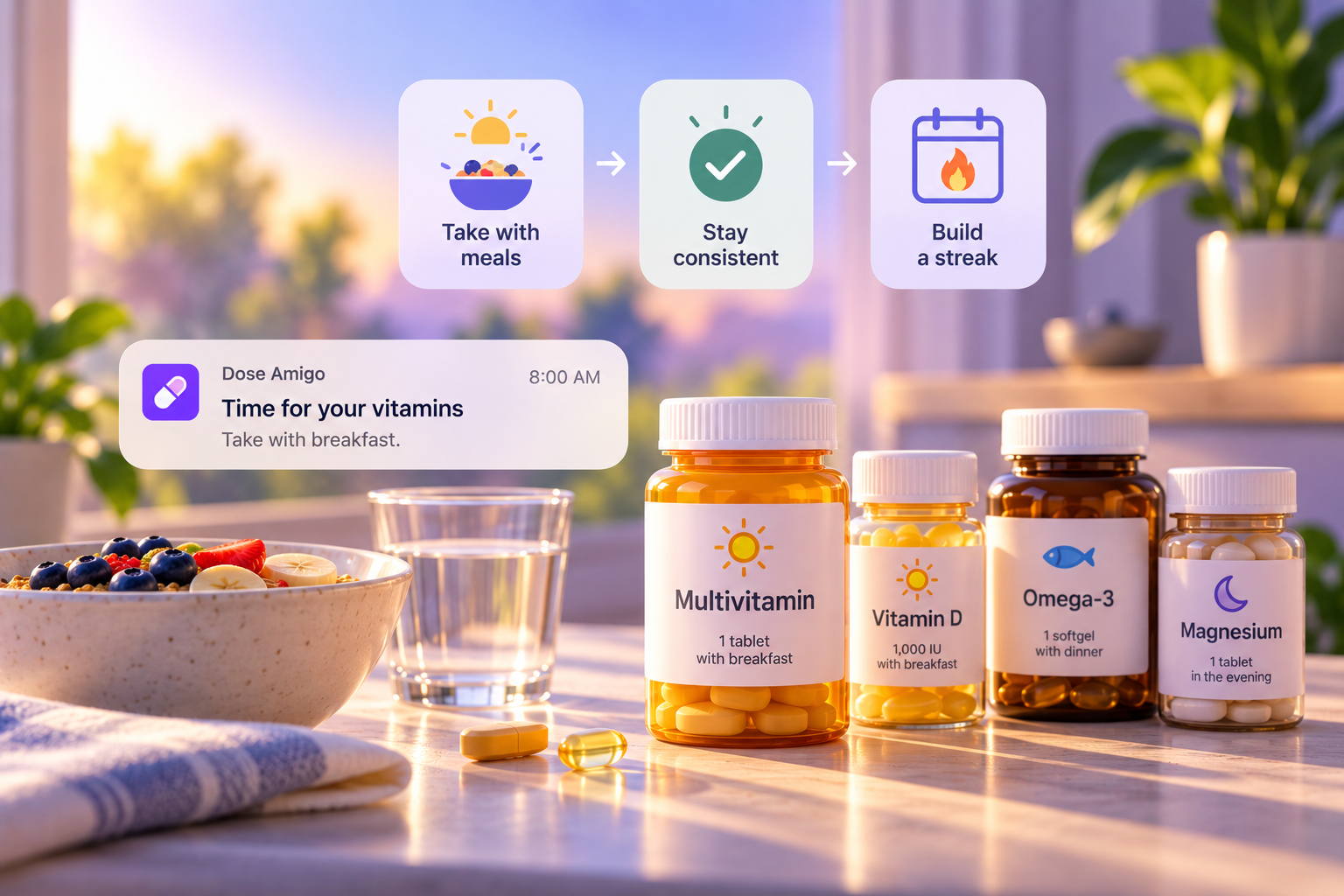A vitamin reminder notification next to a breakfast bowl and a row of labeled vitamin and supplement bottles
