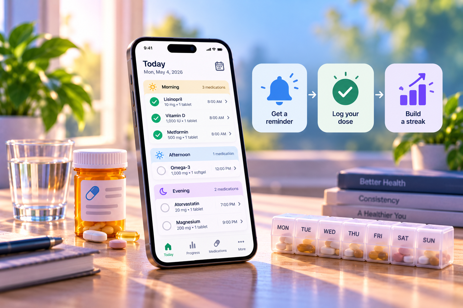 A phone showing today's medication schedule next to icons for getting a reminder, logging a dose, and building a streak
